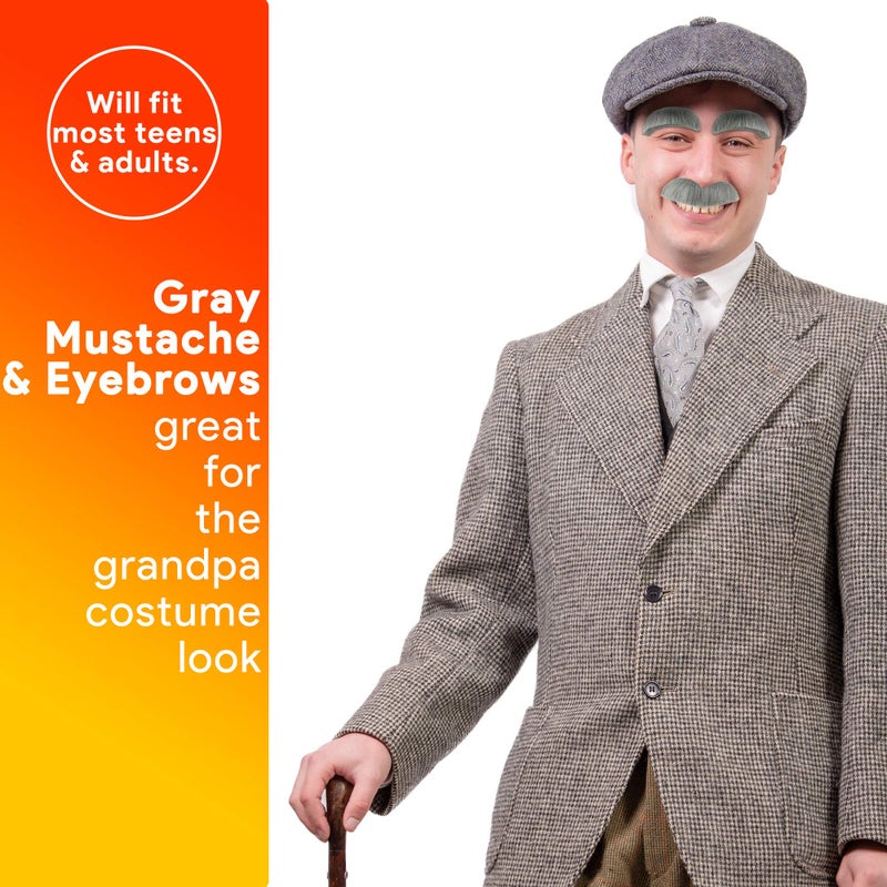 Skeleteen Old Man Eyebrow and Mustache - Old Man Bushy Stick On Fake Grey Eyebrows and Moustache Set Kit for Men, Women and Children - Image 3